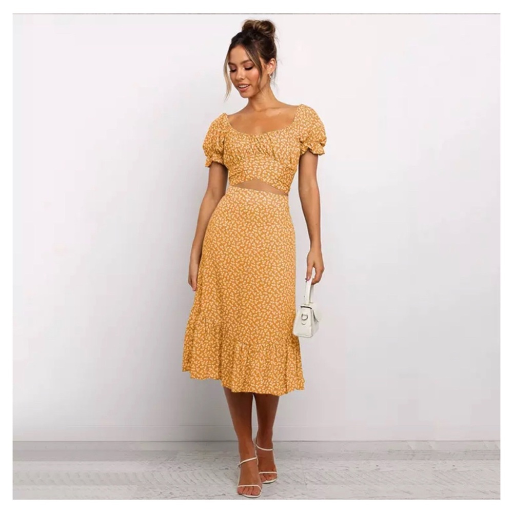 Rory 2-Piece Crop Top and Midi Skirt in Mustard